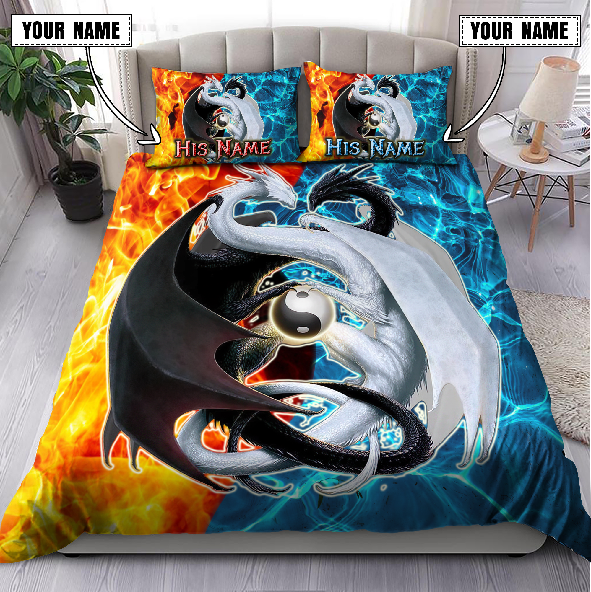 Couple Ice And Fire Dragon Custom Name Quilt Bedding Set