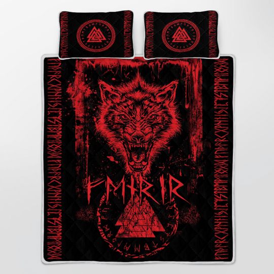 Fenrir Wolf Valknut And Rune Viking Quilt Bedding Set2