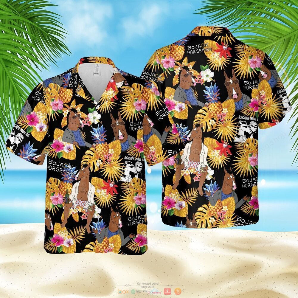 BoJack Horseman black yellow pineapple Hawaiian Shirt, shorts 4