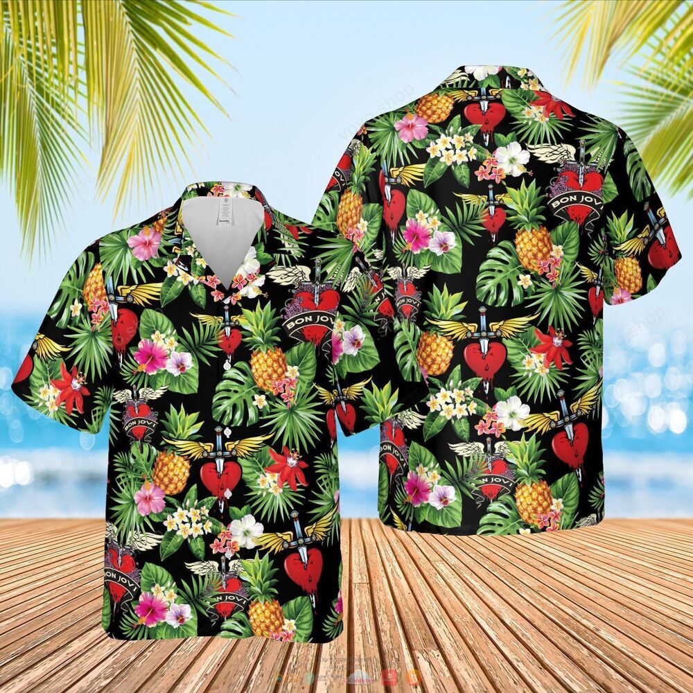 Bon Jovi band black green pineapple Hawaiian Shirt, shorts 5