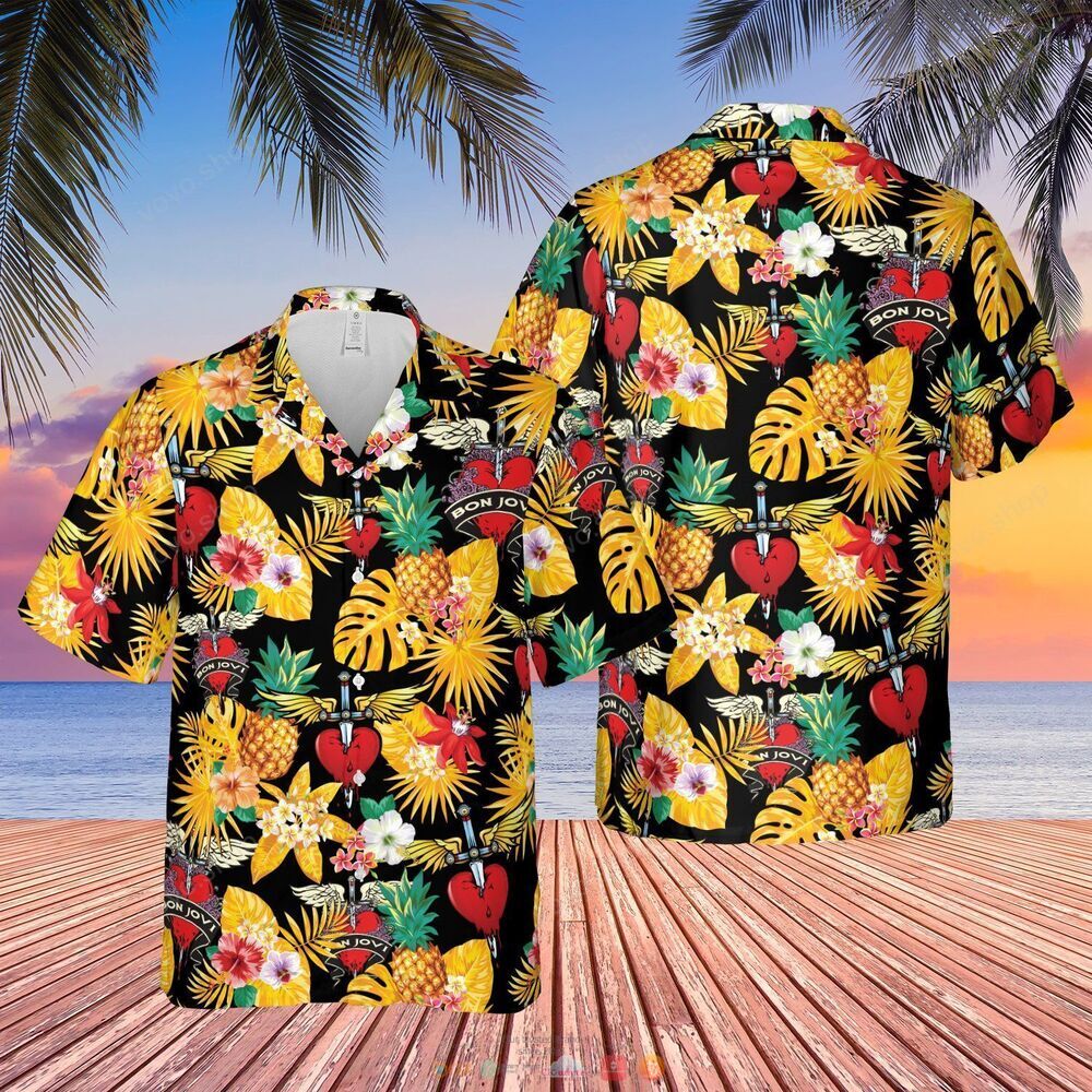 Bon Jovi band black yellow pineapple Hawaiian Shirt, shorts 5