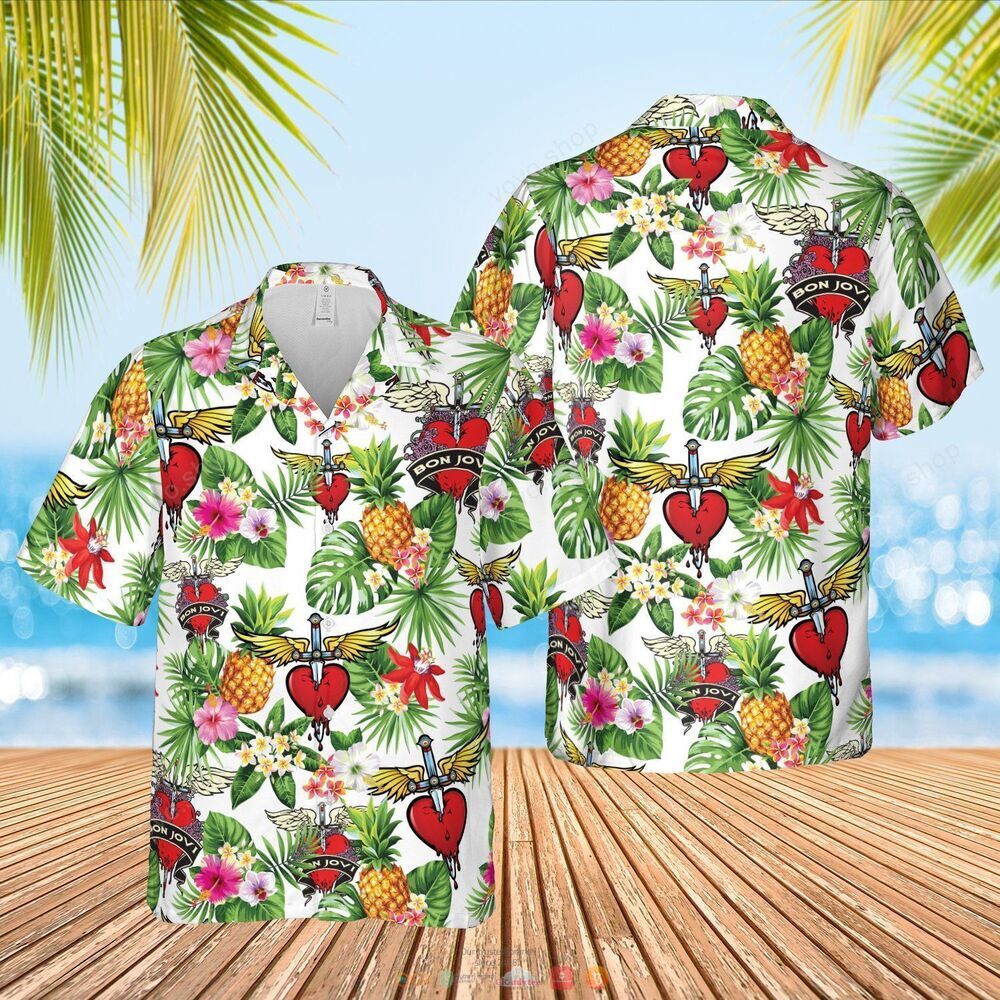 Bon Jovi band white green pineapple Hawaiian Shirt, shorts 5