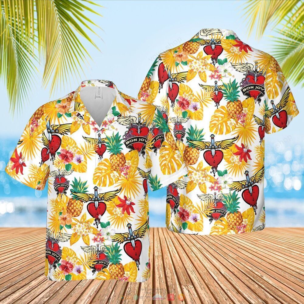 Bon Jovi band white yellow pineapple Hawaiian Shirt, shorts 5