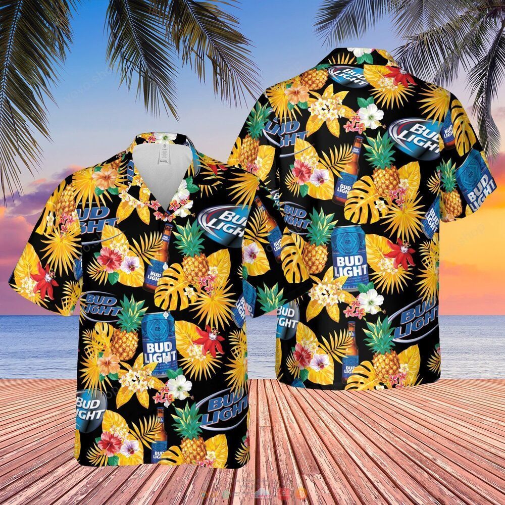 Bud Light Beer black yellow pineapple Hawaiian Shirt, shorts 5
