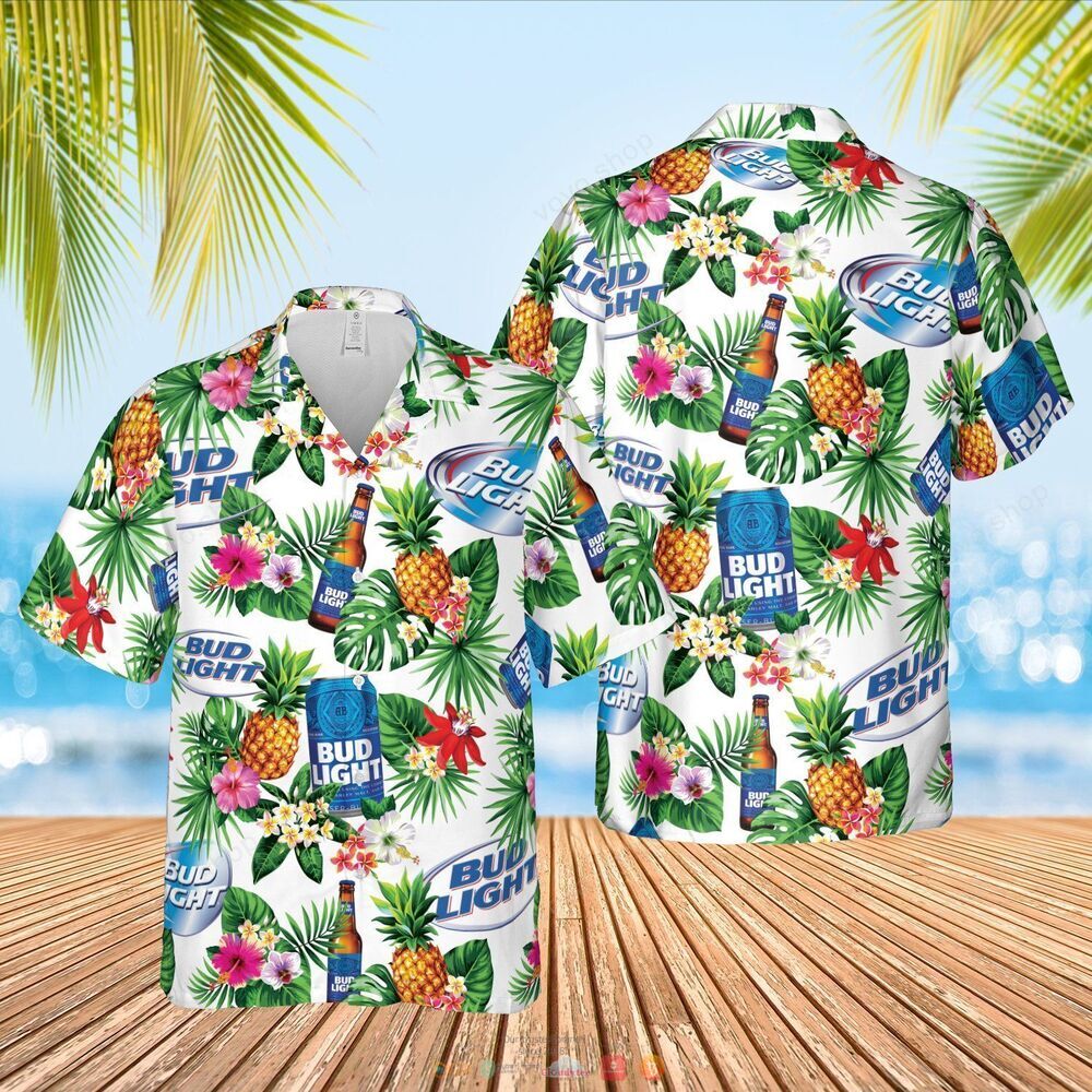 Bud Light Beer white green pineapple Hawaiian Shirt, shorts 5