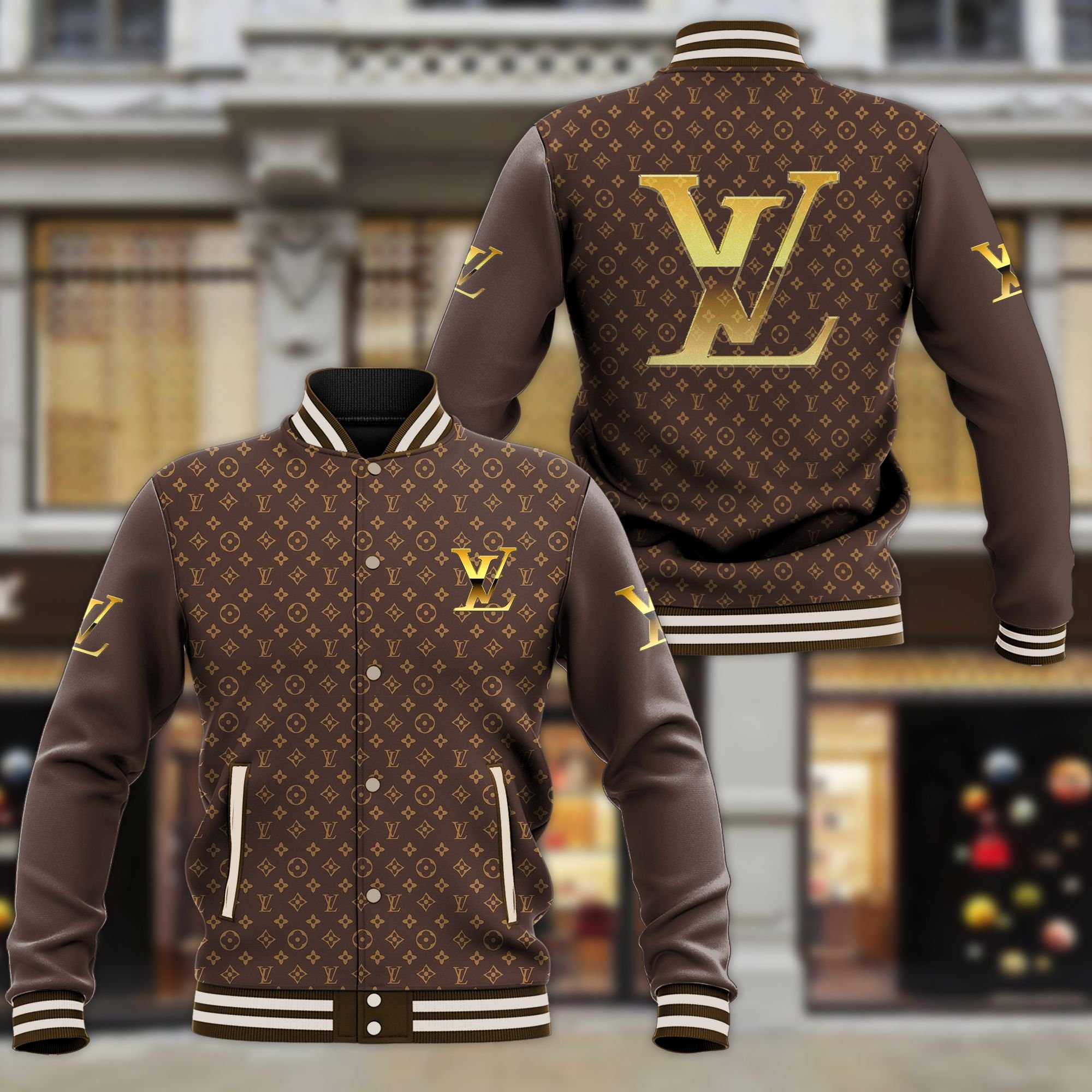 BEST Louis Vuitton brown pattern full print 3d baseball jacket 2