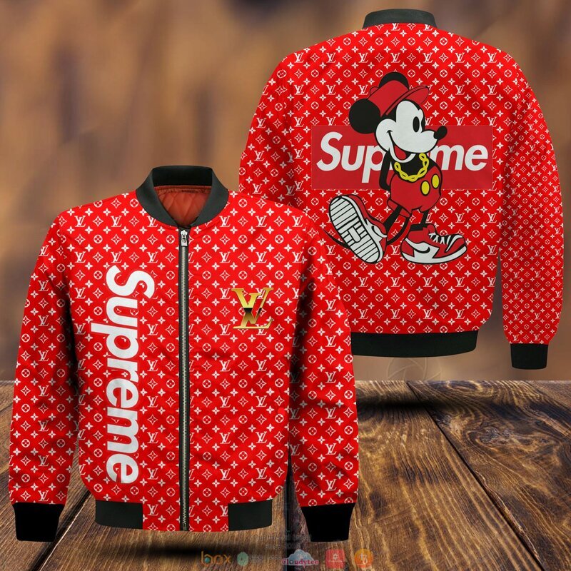 BEST Mickey mouse Supreme Louis Vuitton red pattern full print 3d bomber jacket 3