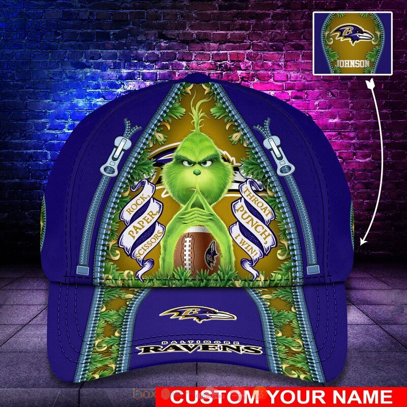 HOT Personalized Baltimore Ravens Rock Paper Scissors The Grinch NFL Cap 7