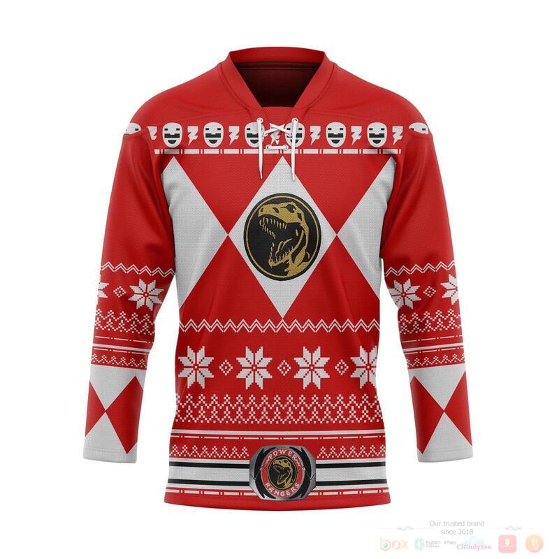 BEST Red Mighty Morphin The Power Rangers Hockey Jersey 7