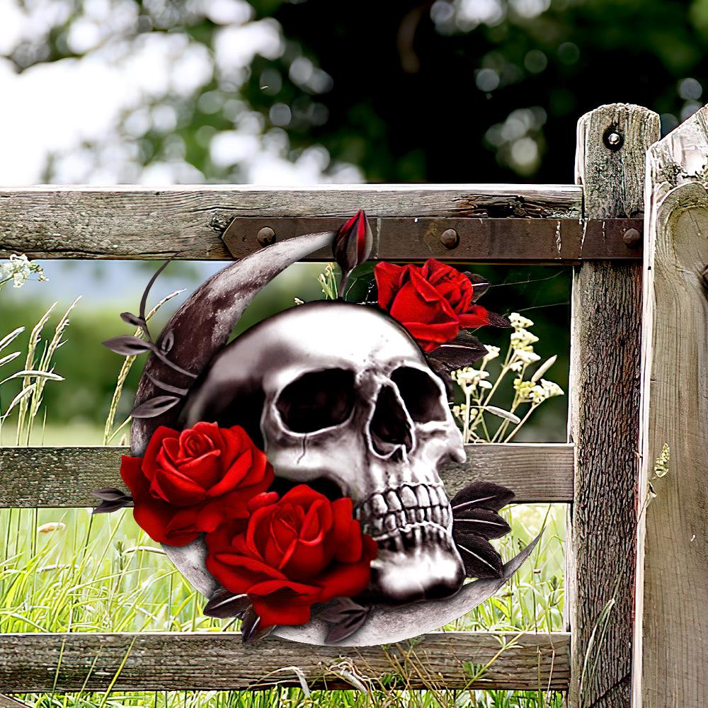 HOT Skull Moon Rose Hanging Metal Sign 4 HOT Skull Moon Rose Hanging Metal Sign - Image 4