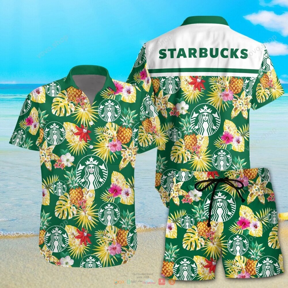 Starbucks green pineapple Hawaiian Shirt, shorts 7