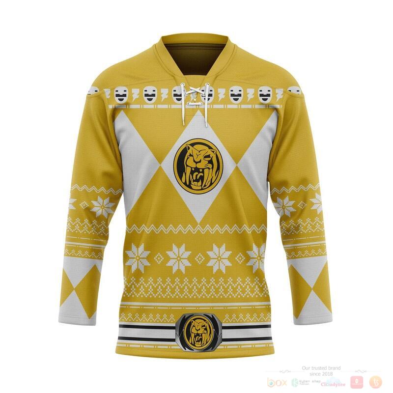 BEST Yellow Mighty Morphin The Power Rangers Hockey Jersey 6
