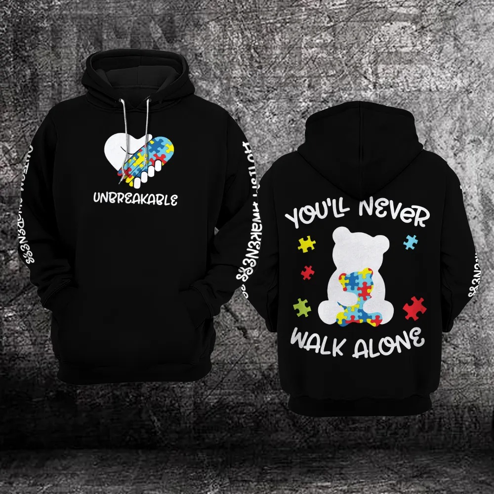 BEST Bear Autism Awareness You’ll Never Walk Alone Full Print 3D hoodie 5