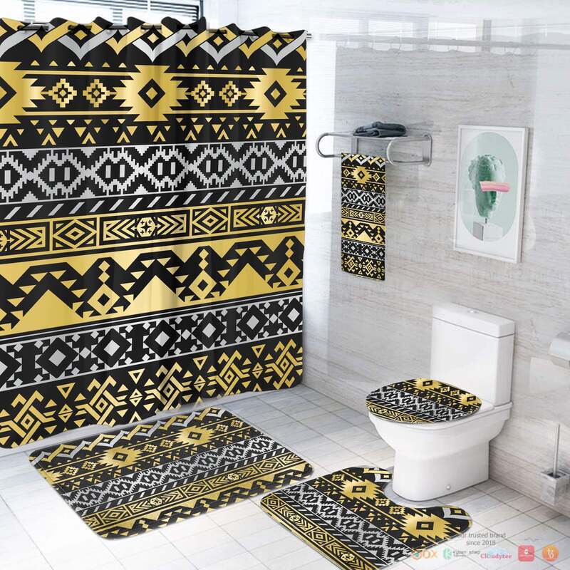 NEW Black Gold Pattern Native American Shower Curtain Set 3