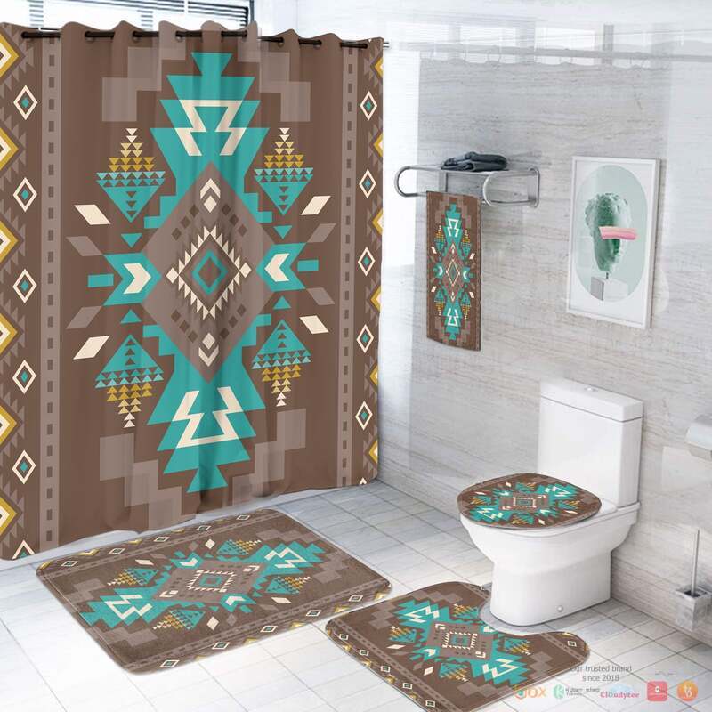 NEW Blue Pattern Brown Native American Shower Curtain Set 2