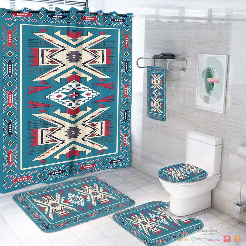 NEW Blue Pink Pattern Native American Shower Curtain Set 3