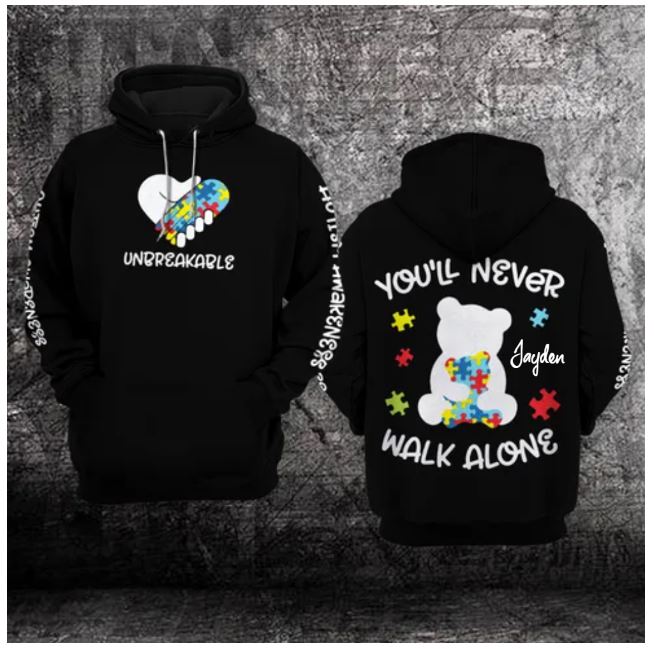 TOP You’ll Never Walk Alone Personalized Autism Awareness Custom Name 3D Hoodie 6