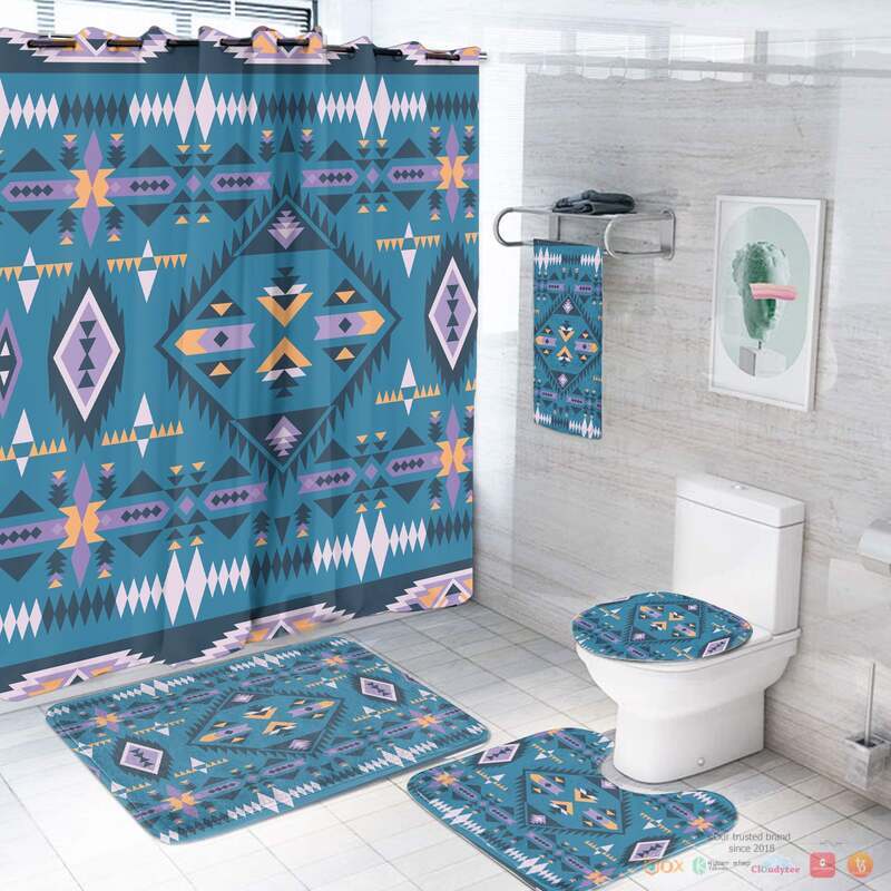 NEW Cyan Blue Native American Shower Curtain Set 2