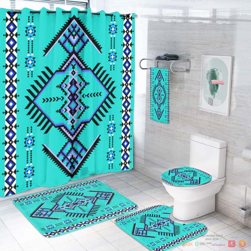 NEW Cyan Simple Pattern Native American Shower Curtain Set 3