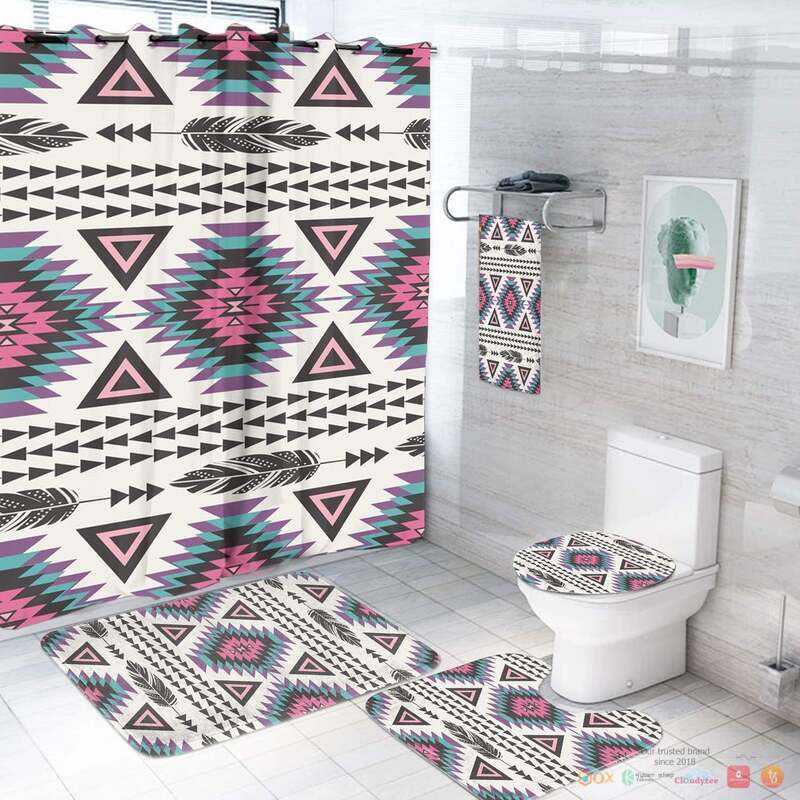 NEW Cyan White Pattern Native American Shower Curtain Set 3