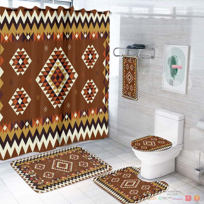 NEW Ethnic Geometric Brown Pattern Native American Shower Curtain Set 2