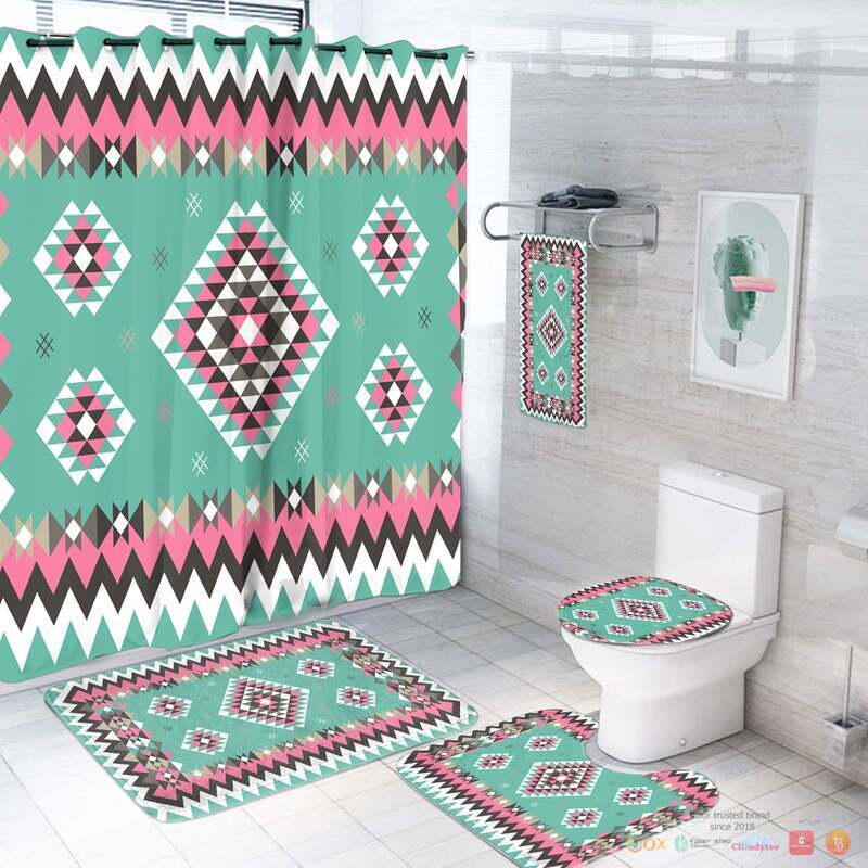 NEW Ethnic Geometric Pink Pattern Native American Shower Curtain Set 3