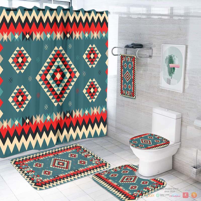 NEW Ethnic Geometric Red Pattern Native American Shower Curtain Set 2
