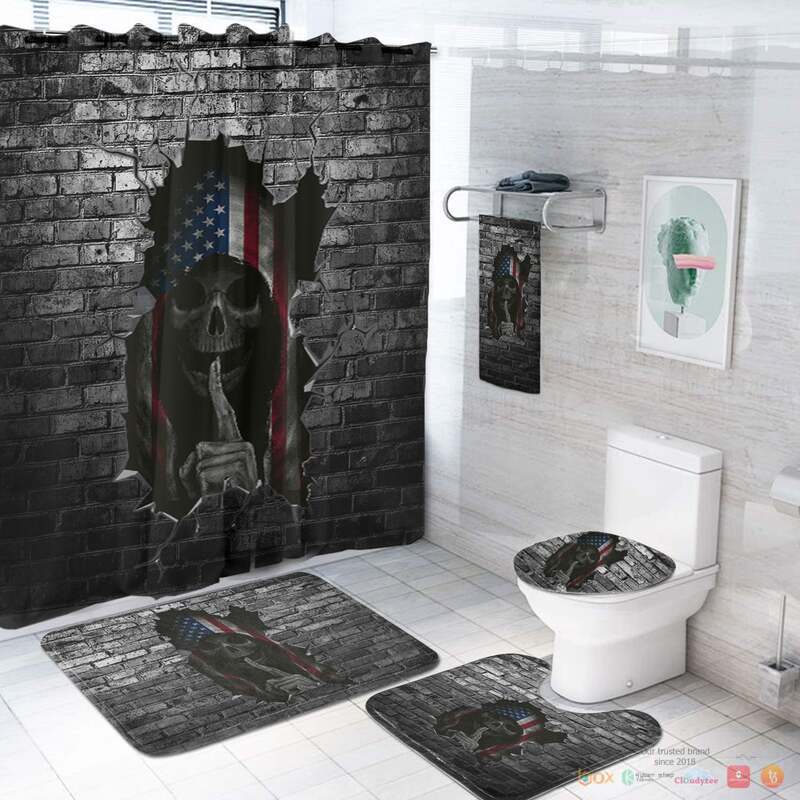 NEW Flag Skull Black Brick Wall Native American Shower Curtain Set 3