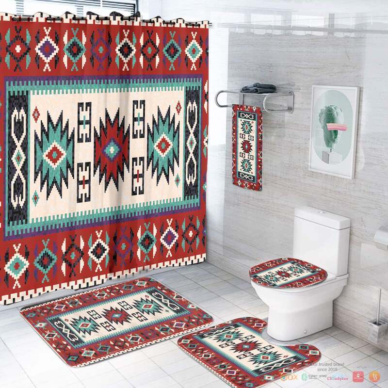 NEW Geometric Red Pattern Native American Shower Curtain Set 3