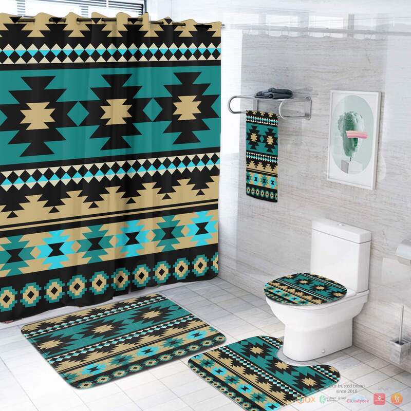 NEW Green Ethnic Aztec Pattern Native American Shower Curtain Set 3