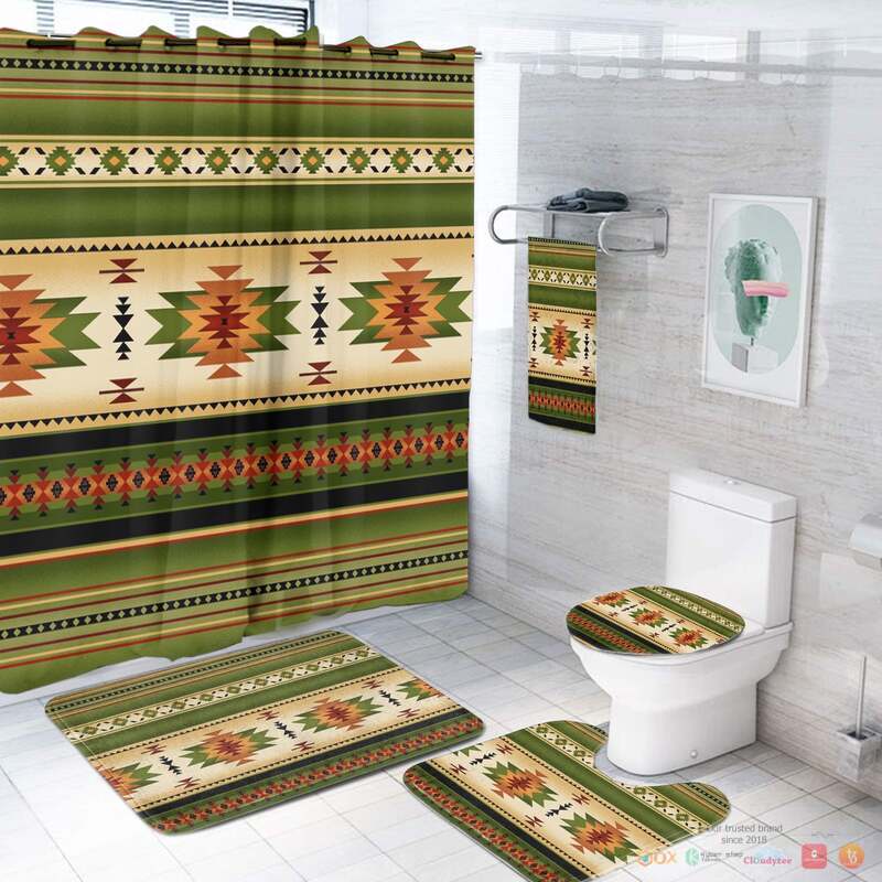 NEW Green Native Pattern Native American Shower Curtain Set 3