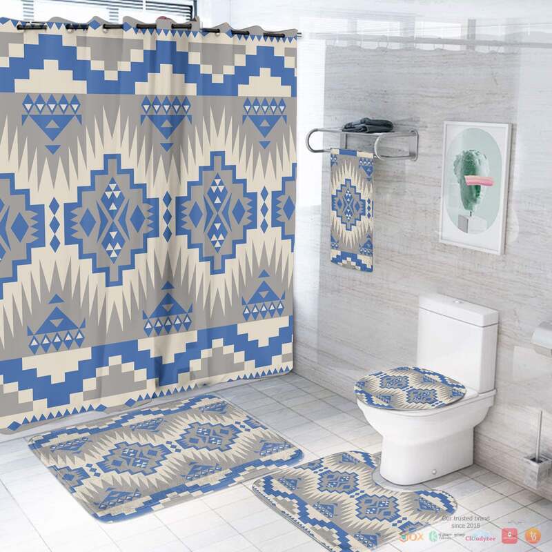 NEW Grey Blue Pattern Native American Shower Curtain Set 3