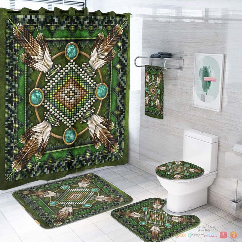 NEW Mandala Green Native American Shower Curtain Set 2