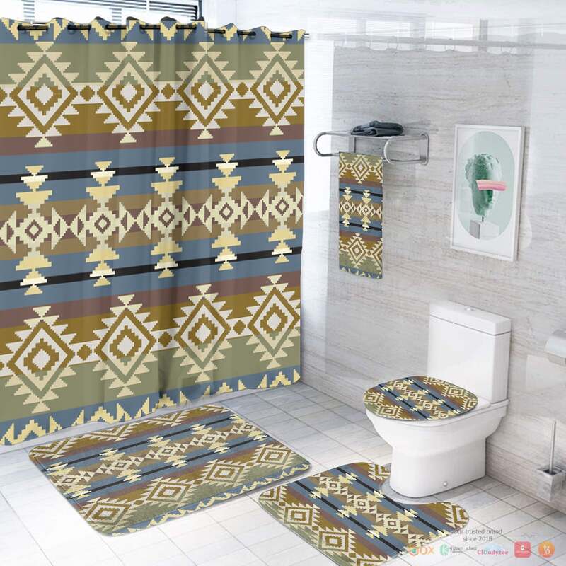 NEW Moss Green Pattern Native American Shower Curtain Set 3