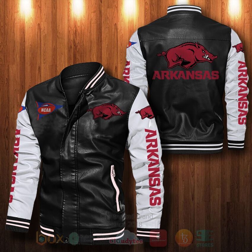 TOP NCAA Arkansas Razorbacks All Over Print Bomber Leather Jacket 13
