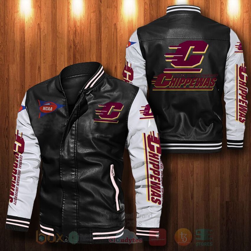 TOP NCAA Central Michigan Chippewas All Over Print Bomber Leather Jacket 12