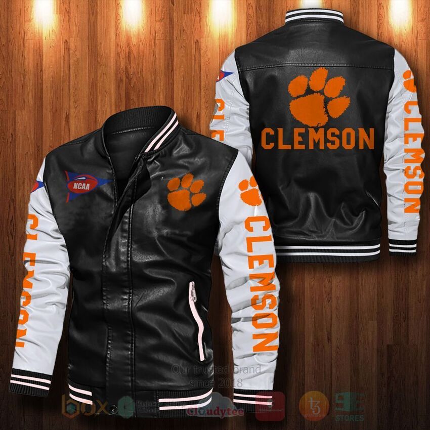 TOP NCAA Clemson Tigers All Over Print Bomber Leather Jacket 13