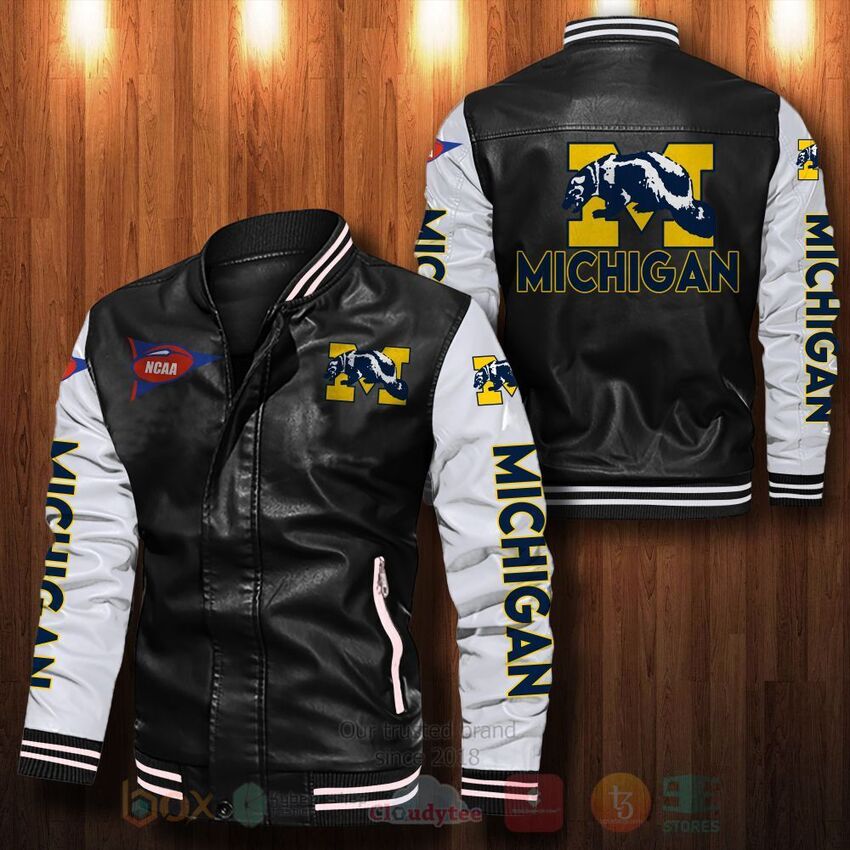 TOP NCAA Michigan Wolverines All Over Print Bomber Leather Jacket 12