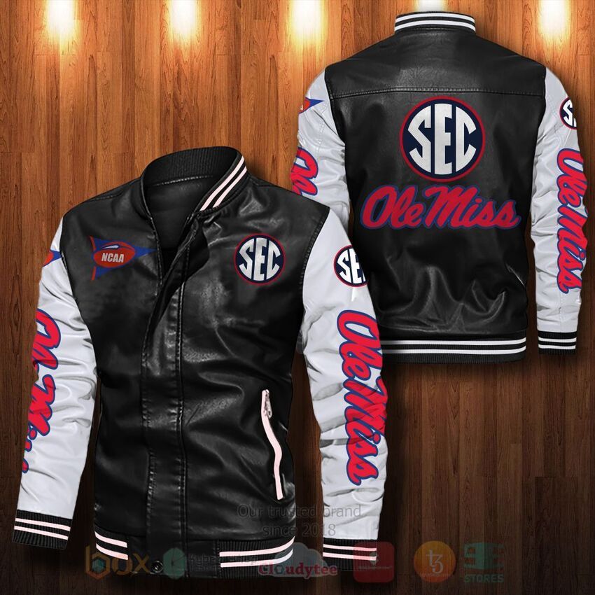 TOP NCAA Ole Miss Rebels All Over Print Bomber Leather Jacket 13