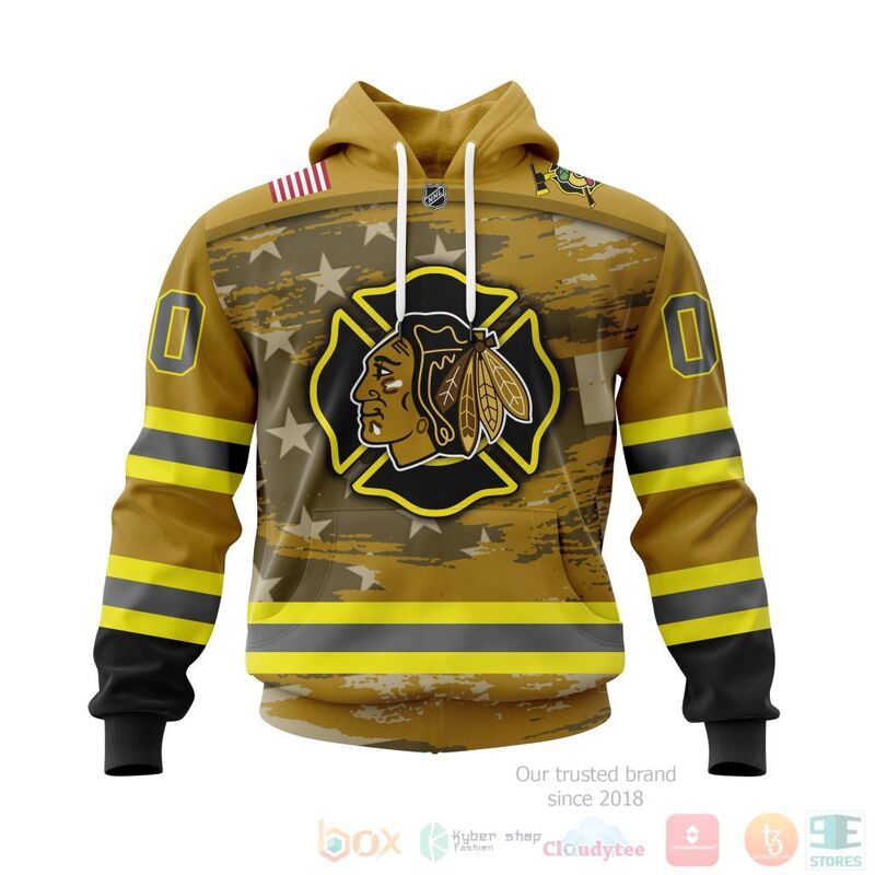 TOP NHL Chicago BlackHawks Honnor Firefighter Yellow All Over Print Custom 3D Hoodie, Shirt 14