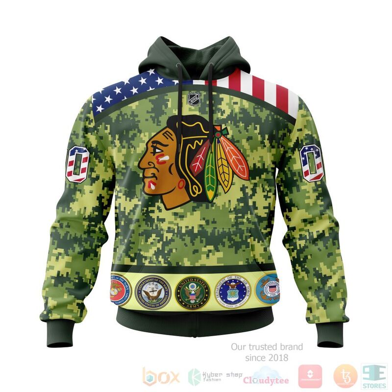 TOP NHL Chicago BlackHawks Honor Military Green Camo Color All Over Print Custom 3D Hoodie, Shirt 15