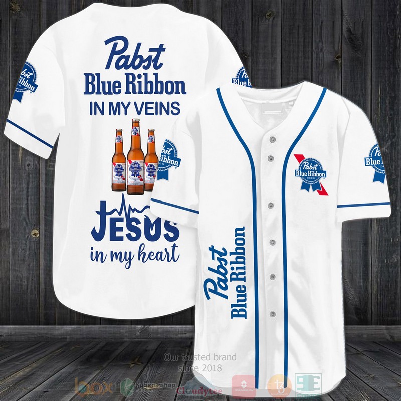 BEST Pabst Blue Ribbon in my veins Jesus in my heart white Baseball shirt 2