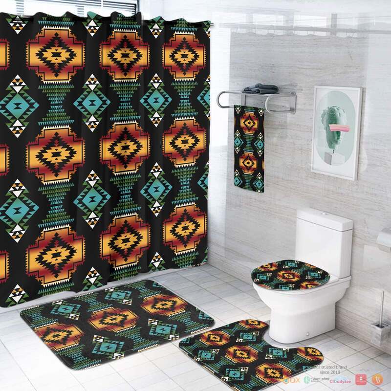 NEW Patterns Black Red Native American Shower Curtain Set 2