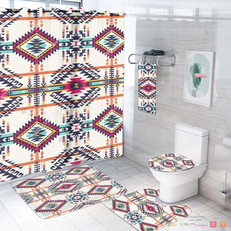NEW Pink White Pattern Native American Shower Curtain Set 2