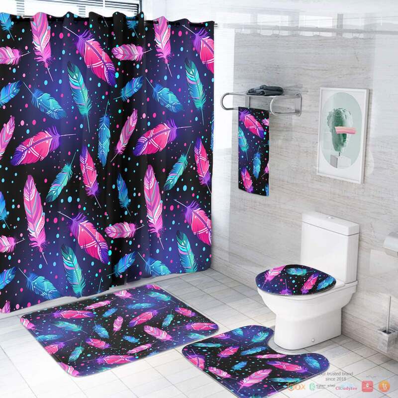 NEW Pink and Blue Feathers Native American Shower Curtain Set 3