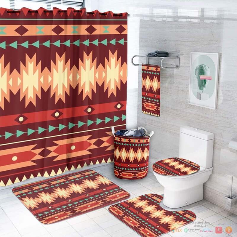 NEW Red Ethnic Pattern Native American Shower Curtain Set 2