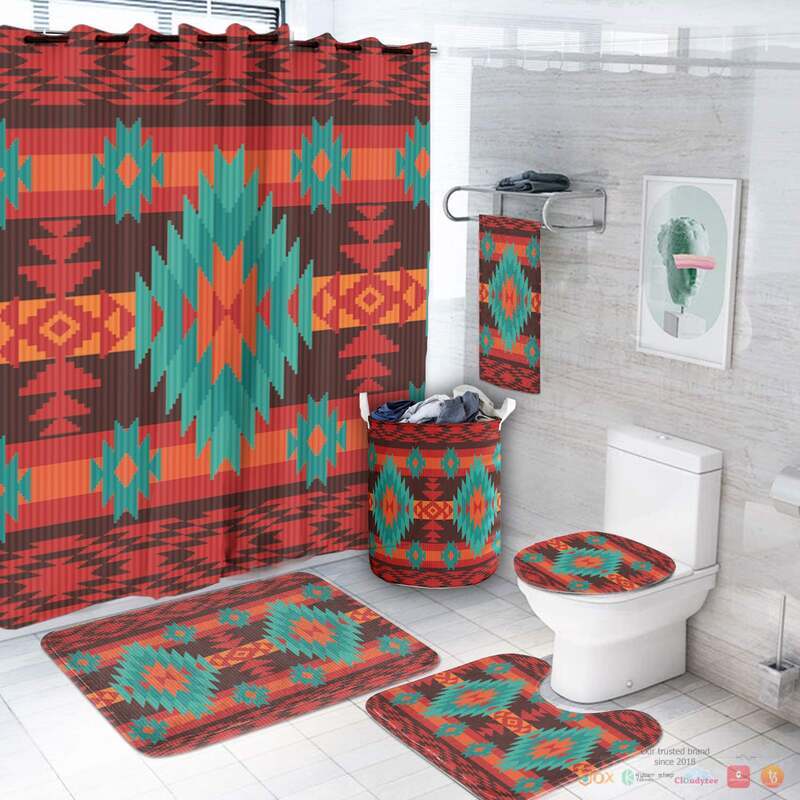 NEW Red Geometric Pattern Native American Shower Curtain Set 3
