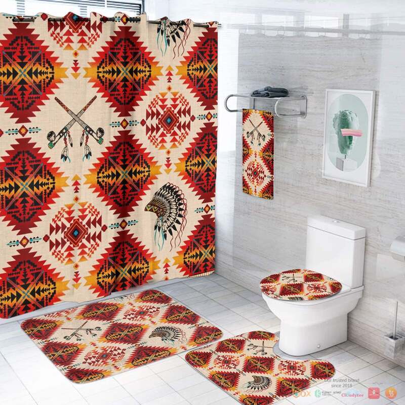 NEW Red Pattern Native American Shower Curtain Set 3