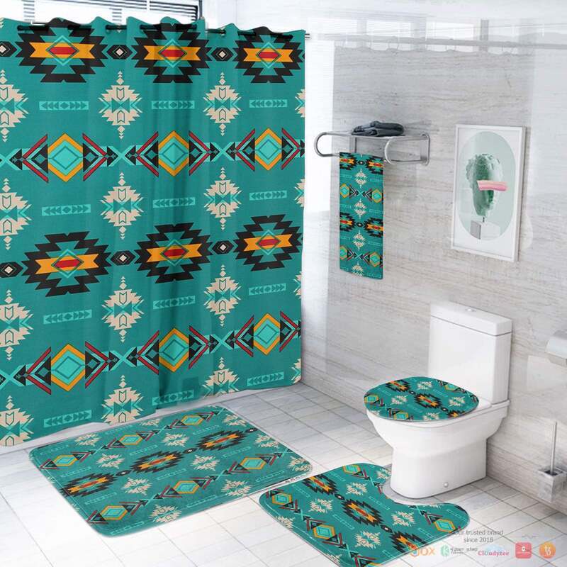 NEW Seamless Cyan Pattern Native American Shower Curtain Set 3