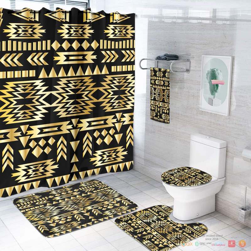 NEW Seamless Yellow Pattern Native American Shower Curtain Set 2